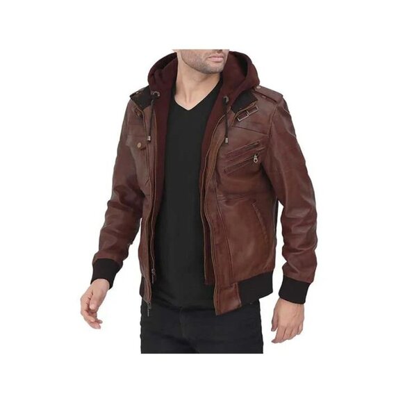 Men's Guerrilla Hooded Bomber Leather Jacket “ Genuine Leather, Removable Hood - Picture 3 of 3